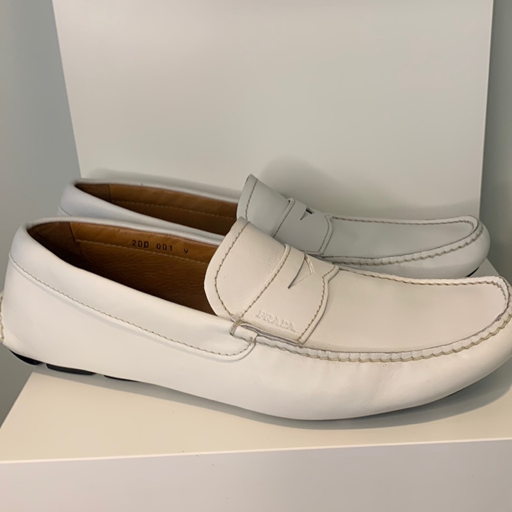 Men’s Prada 2DD001 White Leather Driving Loafer